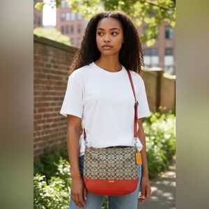 Coach Signature Park Hobo Purse F23279‎ SV/Khaki/Vermillion Crossbody Shoulder